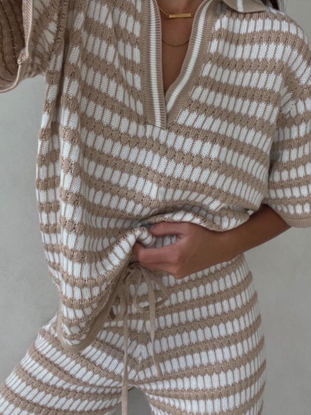 SABO Striped Knit Pants and Top Set in Cream & White - Picture 5 of 11